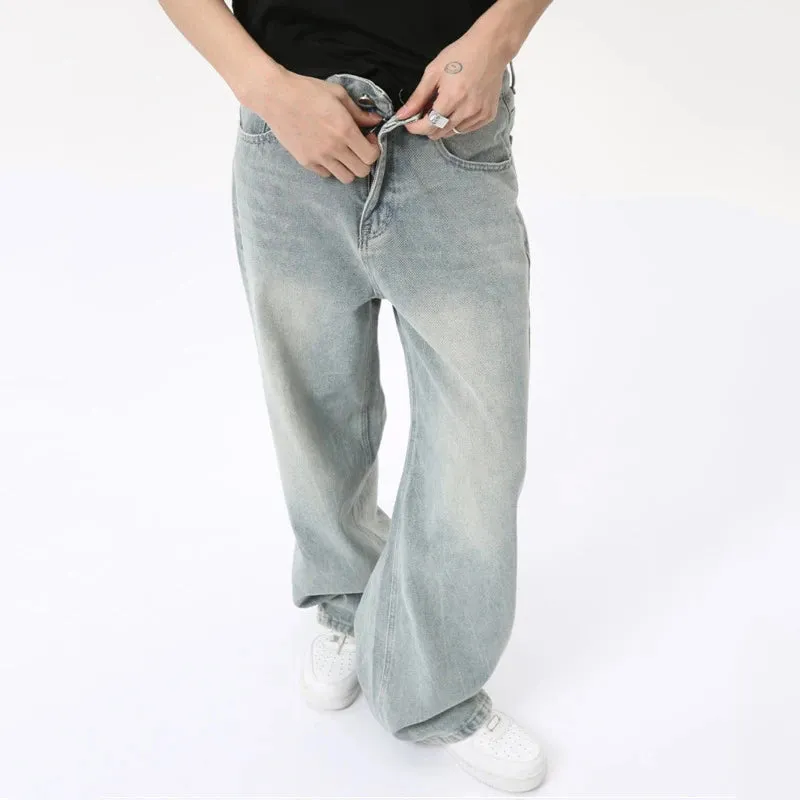 High Street Men's Jeans Casual Washed Light Straight Male Denim Pants Wide Leg Loose Trousers Chic Summer 9C6317