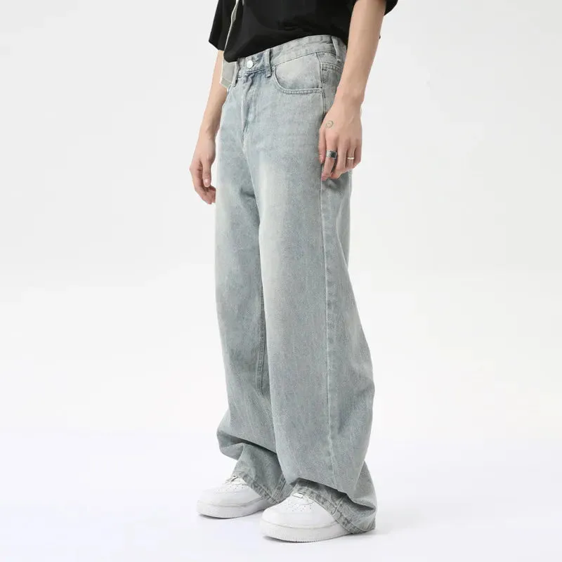 High Street Men's Jeans Casual Washed Light Straight Male Denim Pants Wide Leg Loose Trousers Chic Summer 9C6317