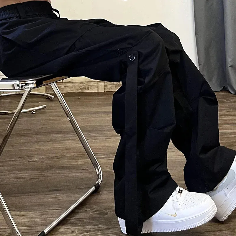 High Street Pleated Overalls Men's Pants Fashion Loose Straight Button Casual Male Trousers Solid Color Darkwear 9A6007