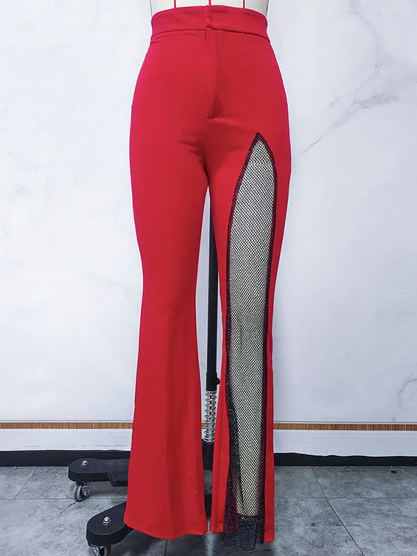 High Waisted Asymmetric Mesh Split-Joint Zipper Pants Flared Trousers