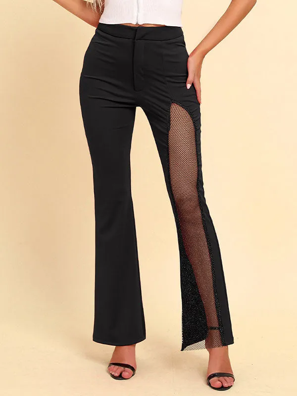 High Waisted Asymmetric Mesh Split-Joint Zipper Pants Flared Trousers