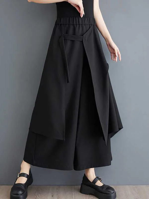 High Waisted Loose Elasticity Pockets Solid Color Ninth Pants Trousers