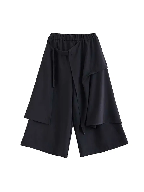 High Waisted Loose Elasticity Pockets Solid Color Ninth Pants Trousers