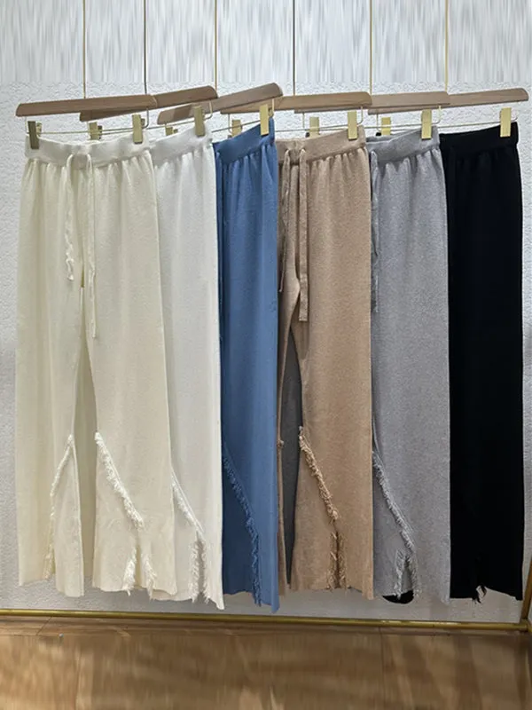 High Waisted Wide Leg Drawstring Fringed Solid Color Split-Front Bell-Bottoms Pants Trousers