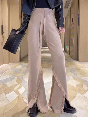 High Waisted Wide Leg Drawstring Fringed Solid Color Split-Front Bell-Bottoms Pants Trousers