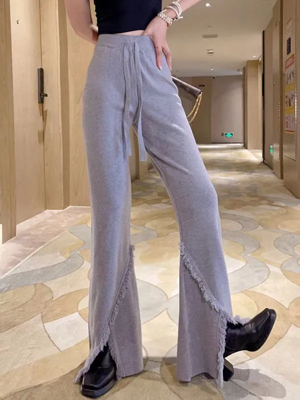 High Waisted Wide Leg Drawstring Fringed Solid Color Split-Front Bell-Bottoms Pants Trousers