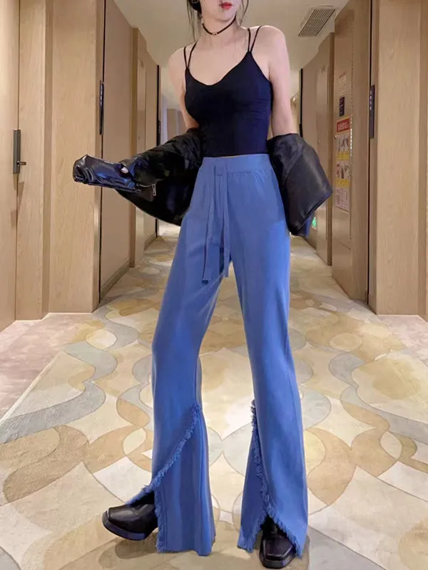 High Waisted Wide Leg Drawstring Fringed Solid Color Split-Front Bell-Bottoms Pants Trousers