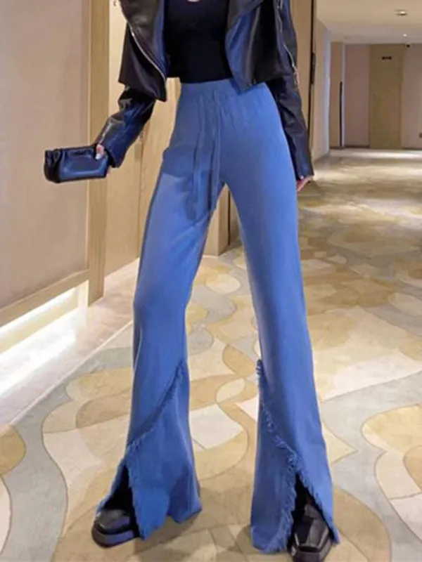 High Waisted Wide Leg Drawstring Fringed Solid Color Split-Front Bell-Bottoms Pants Trousers