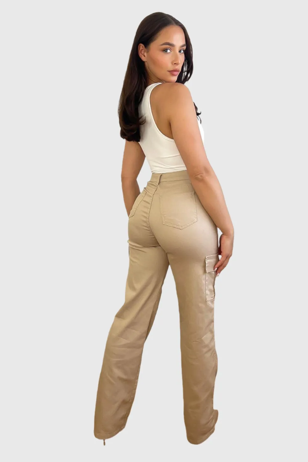 High Waisted Wide Leg Stretchy Cargo Trousers