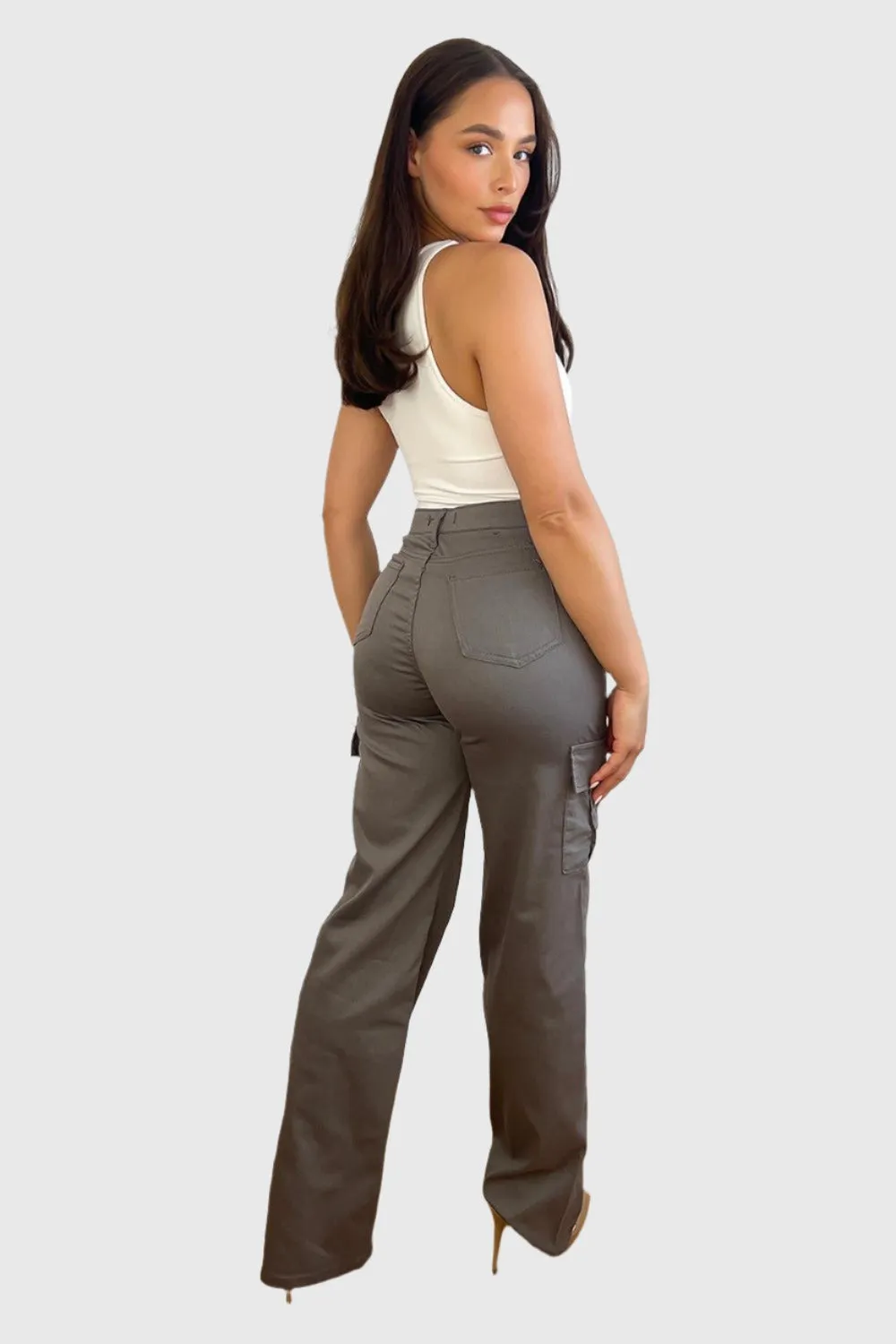 High Waisted Wide Leg Stretchy Cargo Trousers