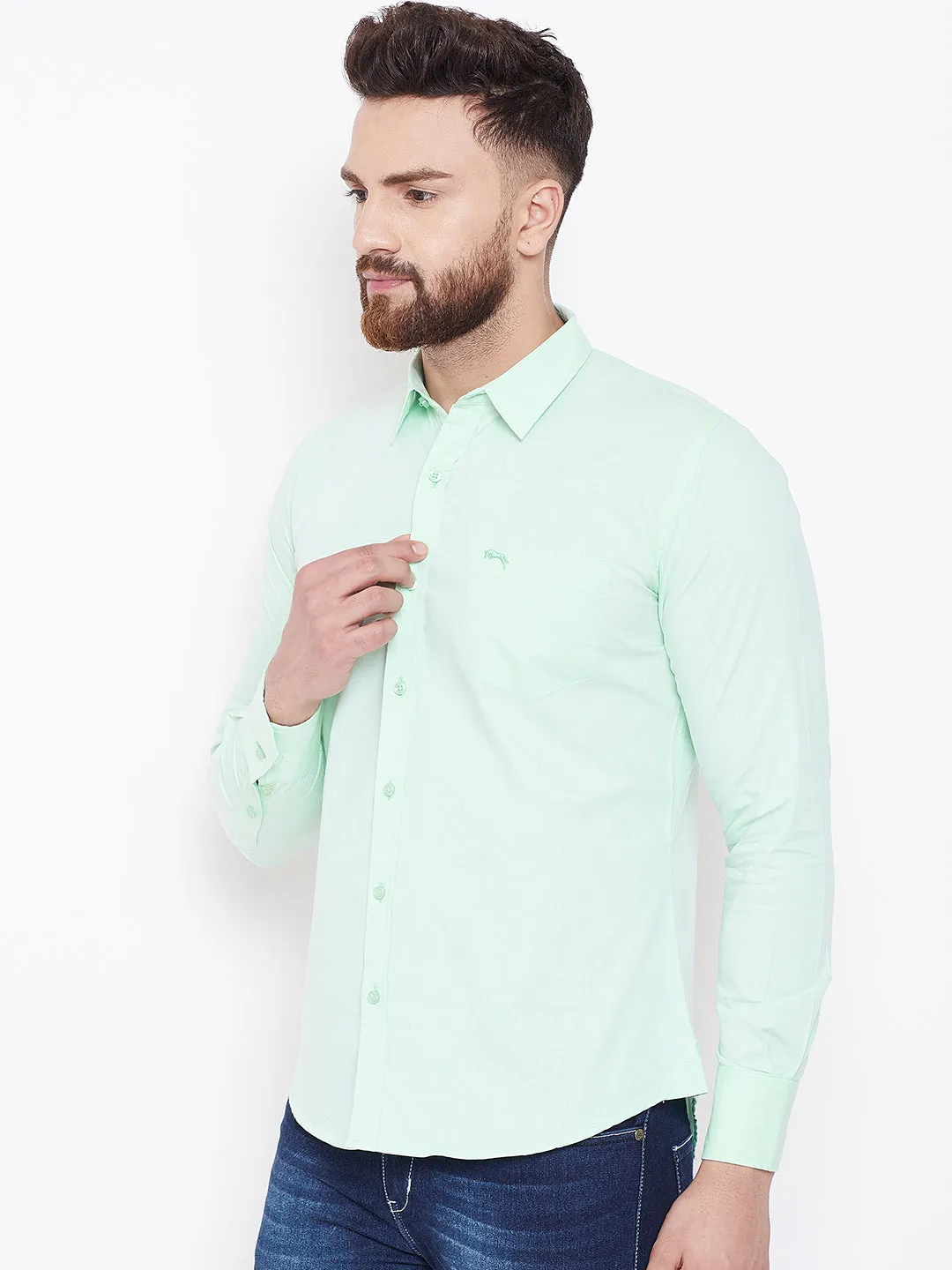 JUMP USA Men Green Solid Slim Fit Casual Shirts