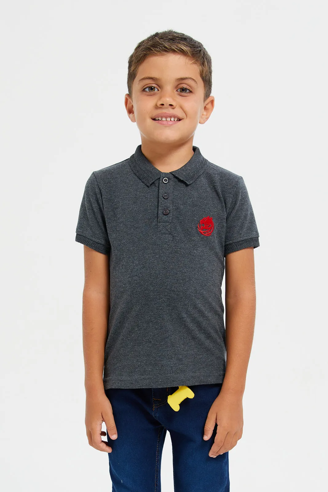 Junior Boys Charcoal Basic Tipping Polo T-Shirt