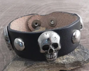 Leather Cuff 3 Skull & Stud Bracelet Strap