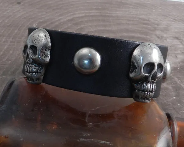 Leather Cuff 3 Skull & Stud Bracelet Strap