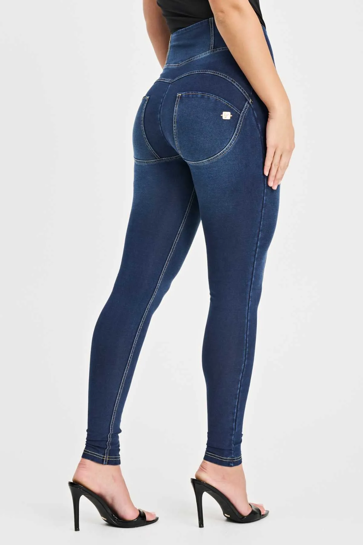 Limited Edition Denim High Waist Pants with Central Seam and Gold Zip