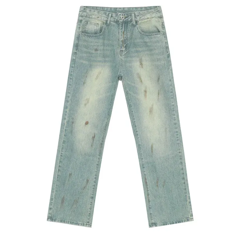 Male Denim Pants New American Worn-out Vintage Splash Ink Whiten Washed Straight Leg Jeans Summer Trendy 9C6674