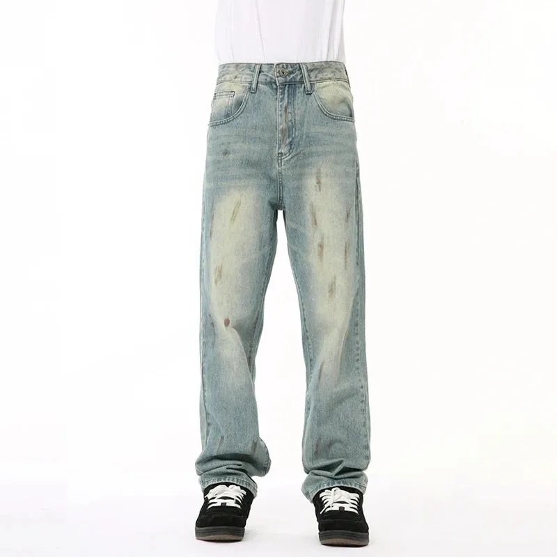 Male Denim Pants New American Worn-out Vintage Splash Ink Whiten Washed Straight Leg Jeans Summer Trendy 9C6674