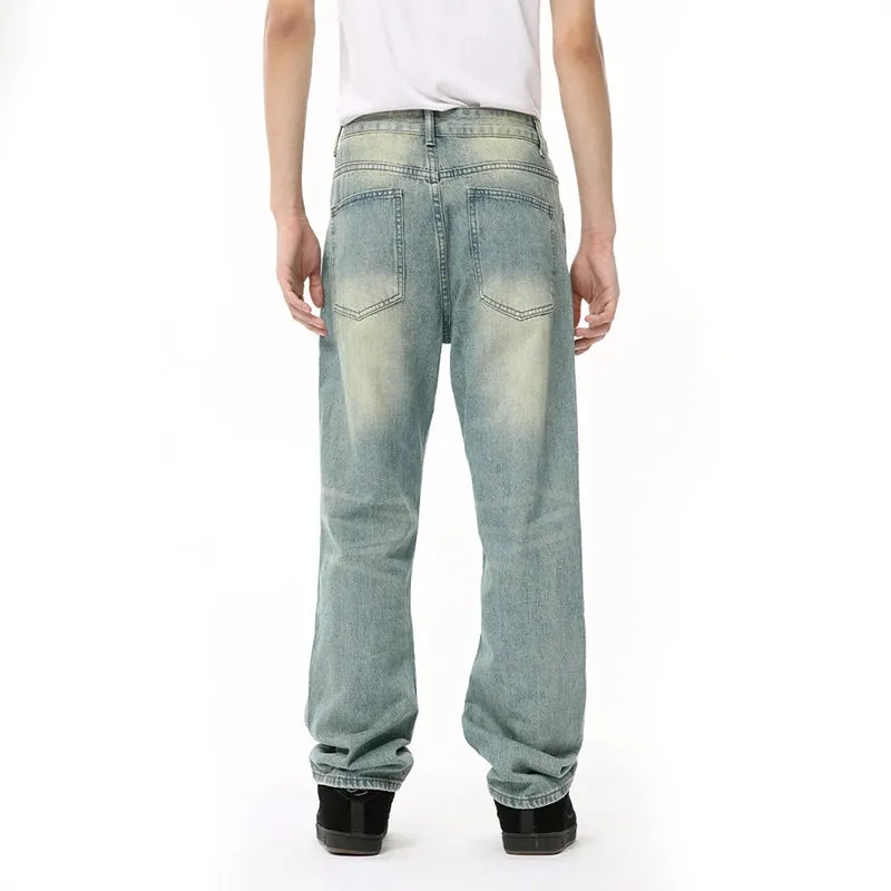 Male Denim Pants New American Worn-out Vintage Splash Ink Whiten Washed Straight Leg Jeans Summer Trendy 9C6674