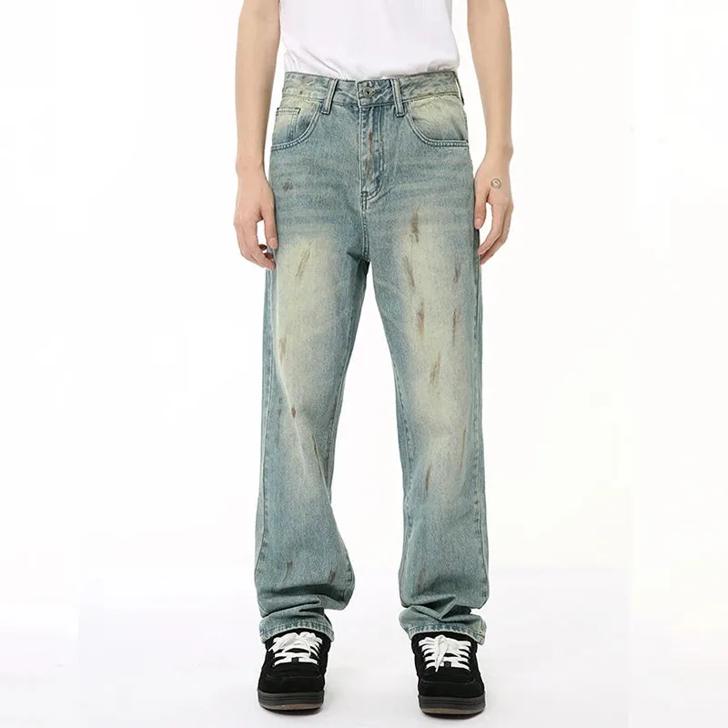 Male Denim Pants New American Worn-out Vintage Splash Ink Whiten Washed Straight Leg Jeans Summer Trendy 9C6674