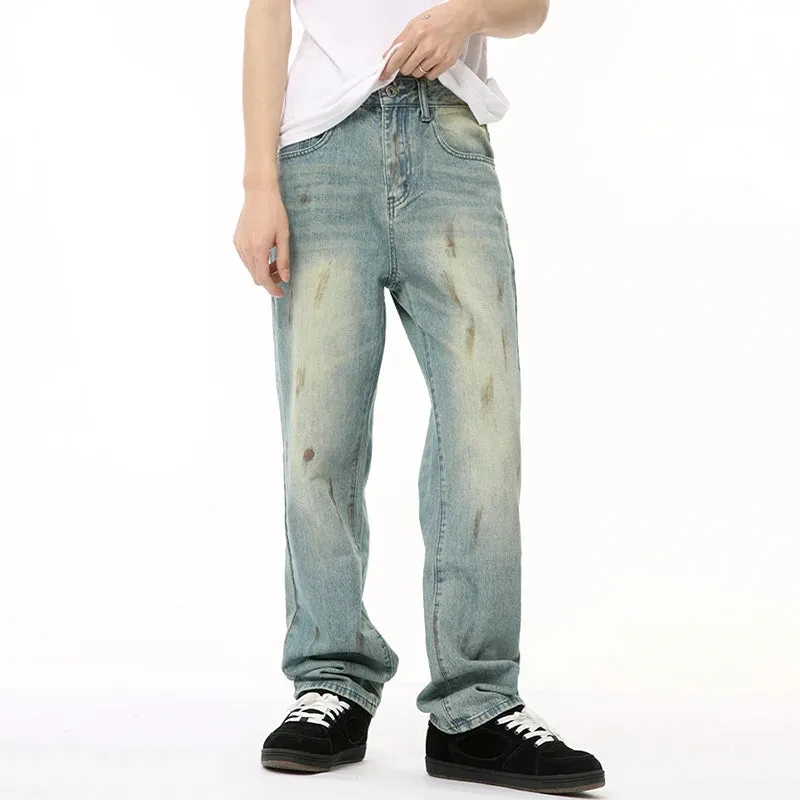 Male Denim Pants New American Worn-out Vintage Splash Ink Whiten Washed Straight Leg Jeans Summer Trendy 9C6674