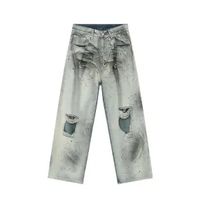 Men's Denim Pants High Street Paint Dotted Double Sided Perforated Heavy Industry Male Jeans Summer Fashion 9C5739