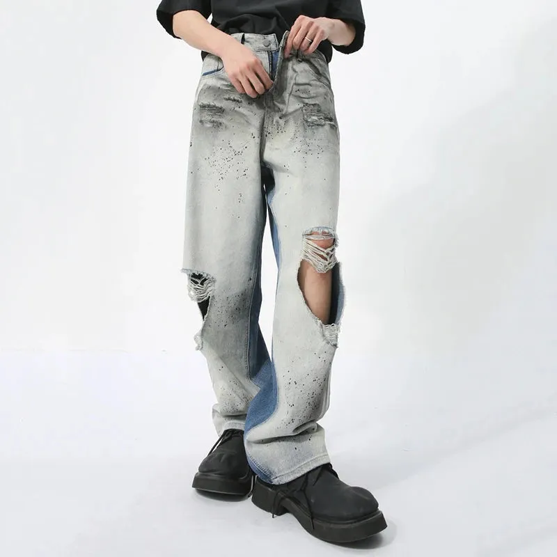 Men's Denim Pants High Street Paint Dotted Double Sided Perforated Heavy Industry Male Jeans Summer Fashion 9C5739