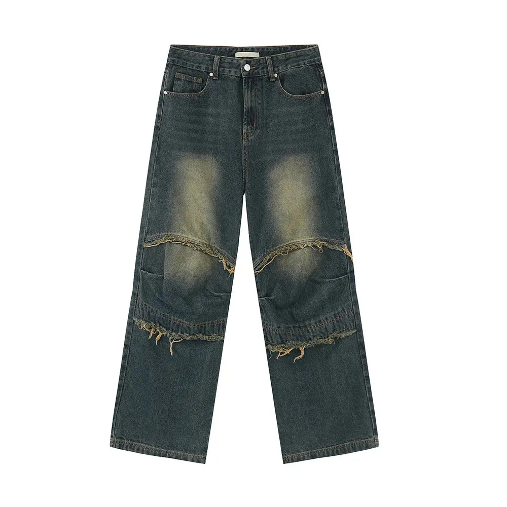 Men's Straight Leg Jeans 2024 Summer New Ragged Edge Splicing Design High Street Fashion Personality Male Denim Pants C5823