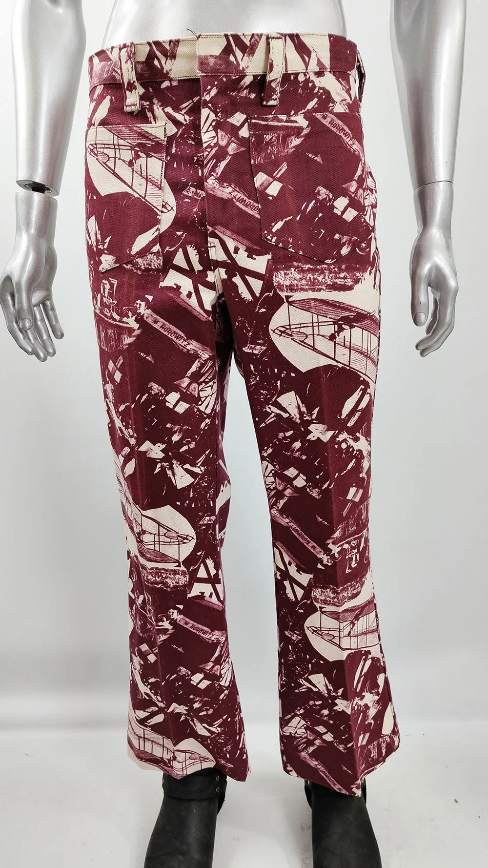 Mens Vintage 1970s American History Pattern Flares Pants