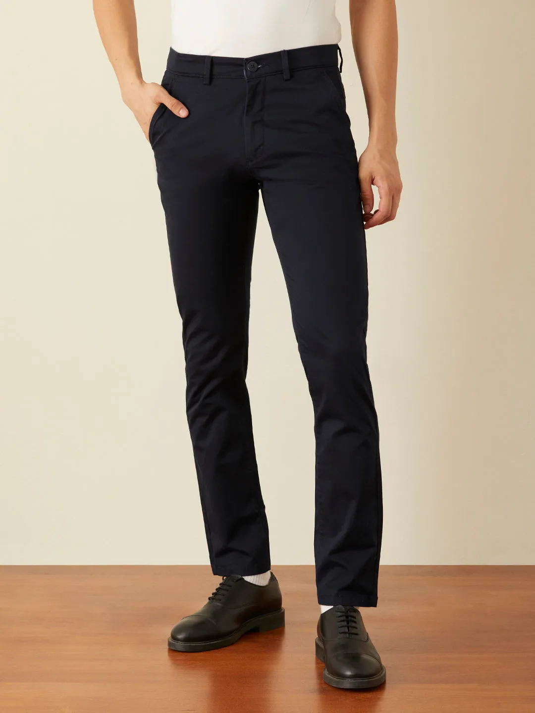 Navy Blue Plain Slim Fit Trousers