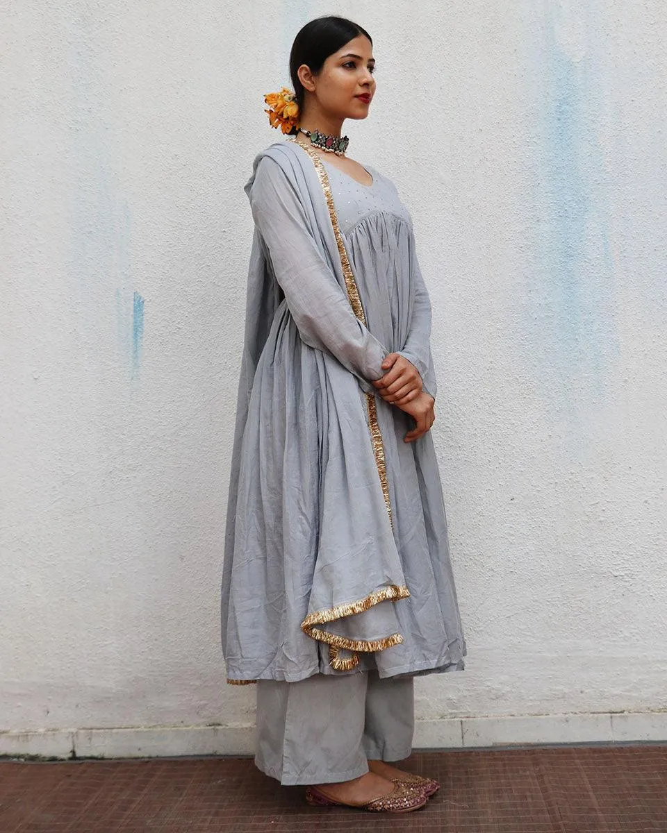 Noor Grey Mulmul Cotton Kurta Set with Dupatta Set of 3 - Jugnoo