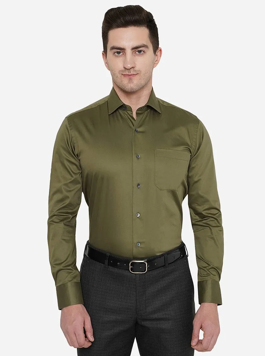 Olive Green Solid Slim Fit Formal Shirt | Metal