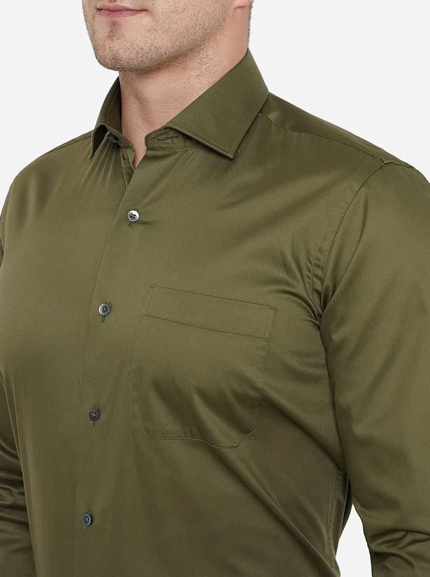 Olive Green Solid Slim Fit Formal Shirt | Metal