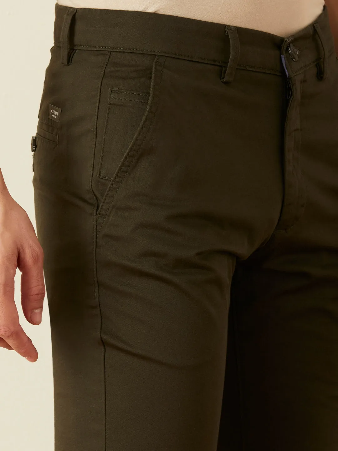 Olive Plain Slim Fit Trousers