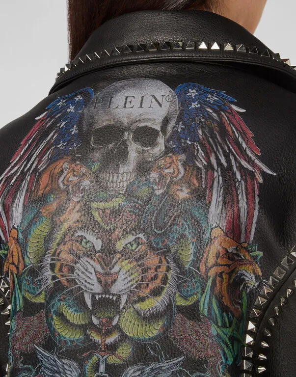 Philipp Plein Biker Tattoo Leather Jacket Size S