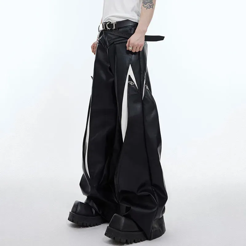 Pleated Men's PU Leather Pants Personality Contrast Color Metal Button Design Male Wide Leg Trousers Punk Spring 9C4724