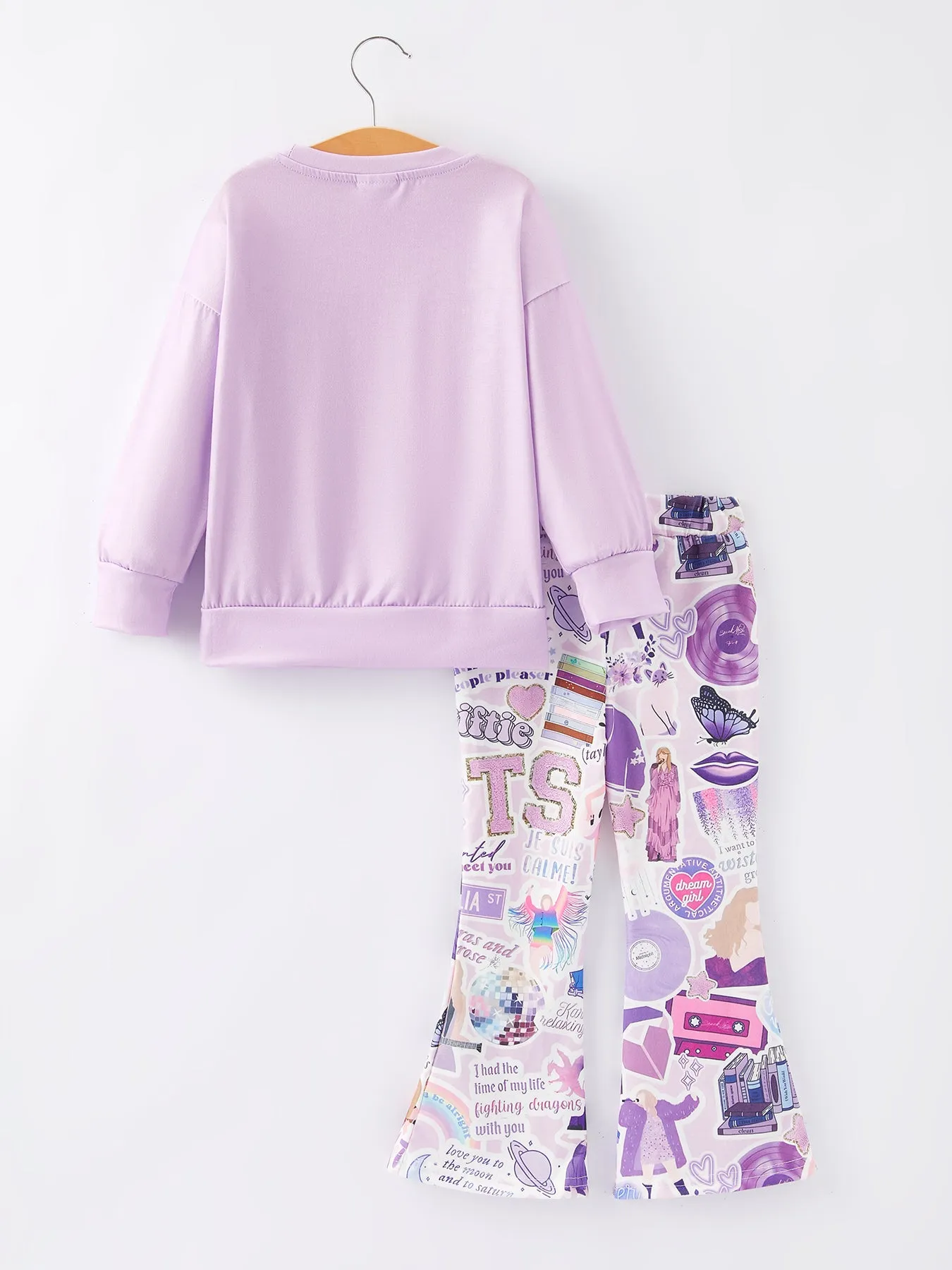 Purple top   TS Print Bell-bottoms Pants Girls Outfit Set