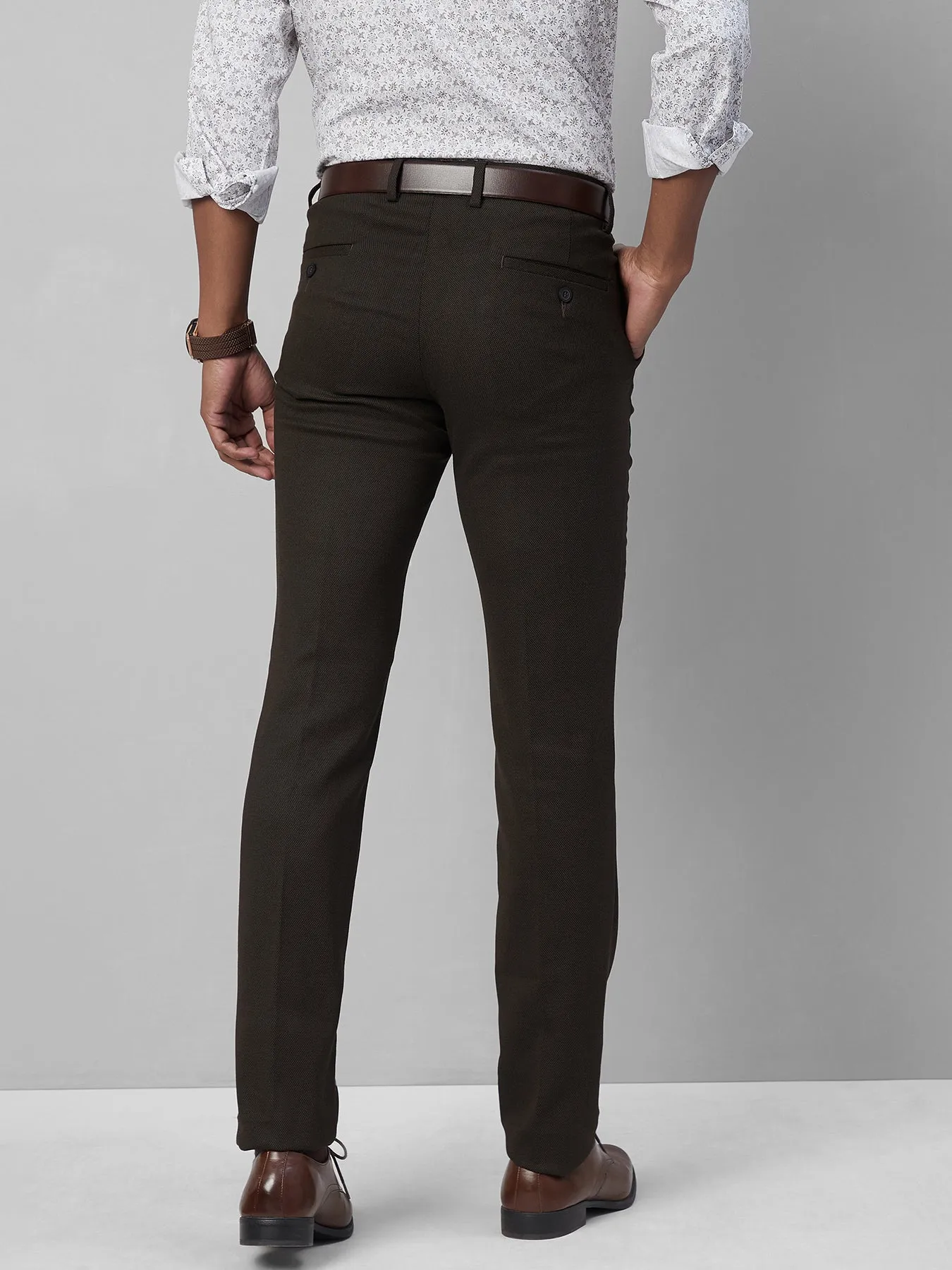 PV Stretch Brown SLIM FIT Flat Front Dobby Formal Trousers