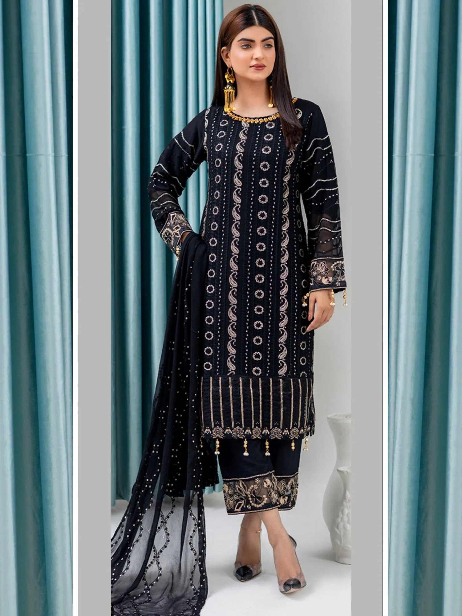 Rangz Luxury Embroidered Chiffon Suit - Black