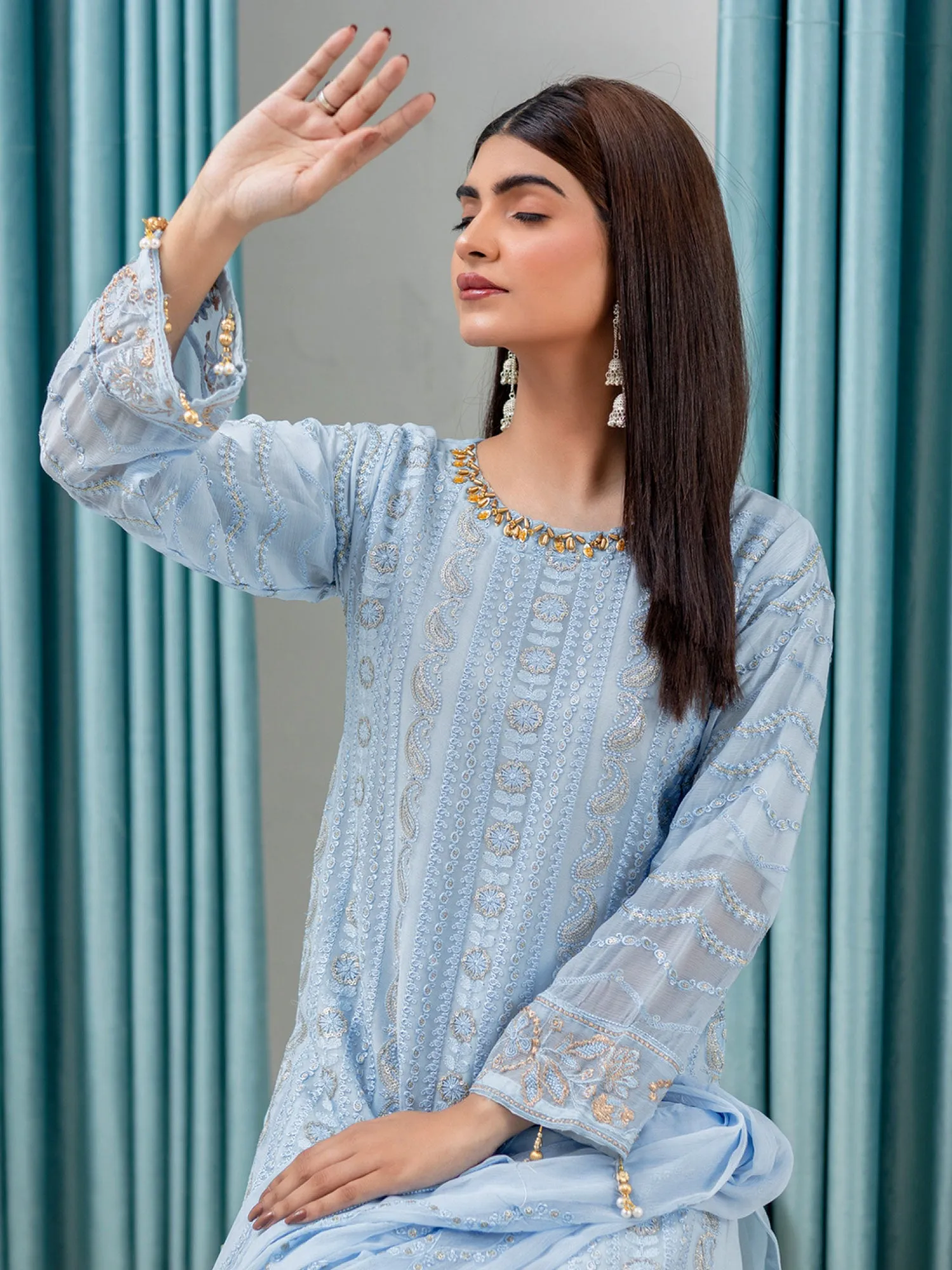 Rangz Luxury Embroidered Chiffon Suit - Blue-Grey