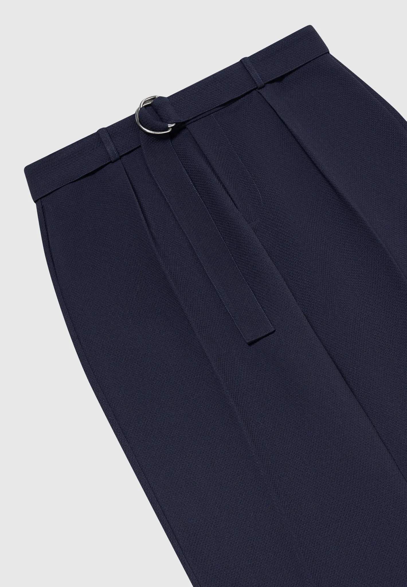 Relaxed Fit Textured Belted Tailored Trousers - Navy