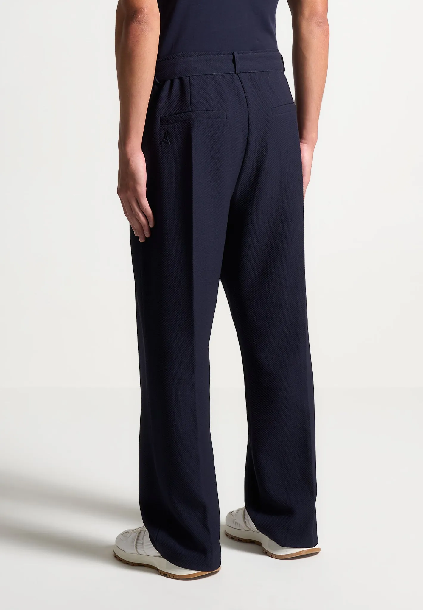 Relaxed Fit Textured Belted Tailored Trousers - Navy