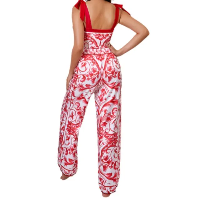 Reversible Red Pink One Piece Tie Up Swimsuit With Pants By Sinderella