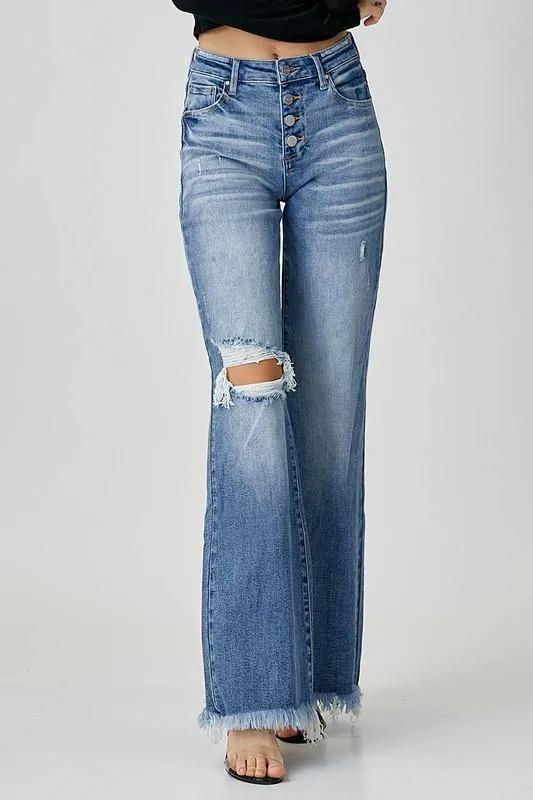 Risen Mid-Rise Button Down Wide Leg Jeans