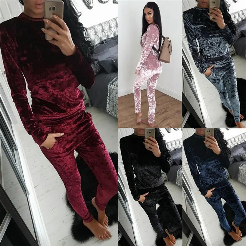 Rogi Velvet Women Sets Fashion Long Sleeve Bodycon Slim Sweat Suits Hoodies Tracksuit Sweatshirt Two Piece Trousers Women (US 6-16)