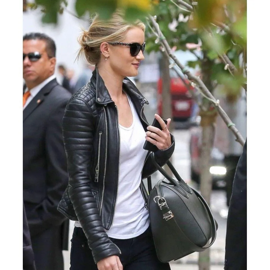 Rosie Huntington Whiteley Black Leather Quilted Jacket For Women