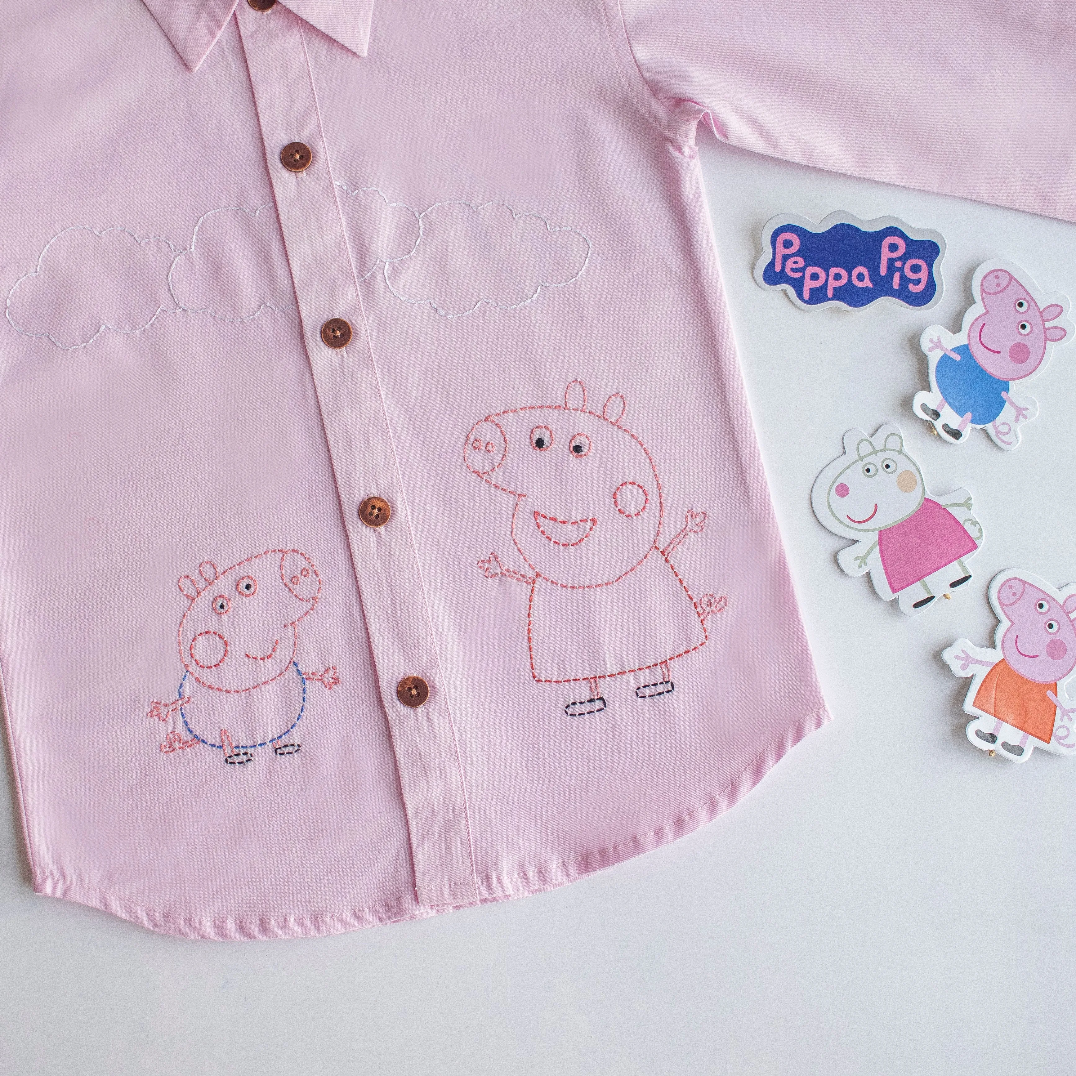 Sibling Pigs Embroidered Unisex Shirt - Light Pink