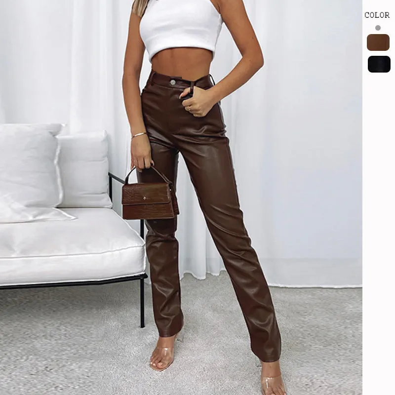 Simple High Waist PU Leather Trousers