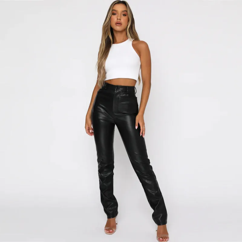 Simple High Waist PU Leather Trousers