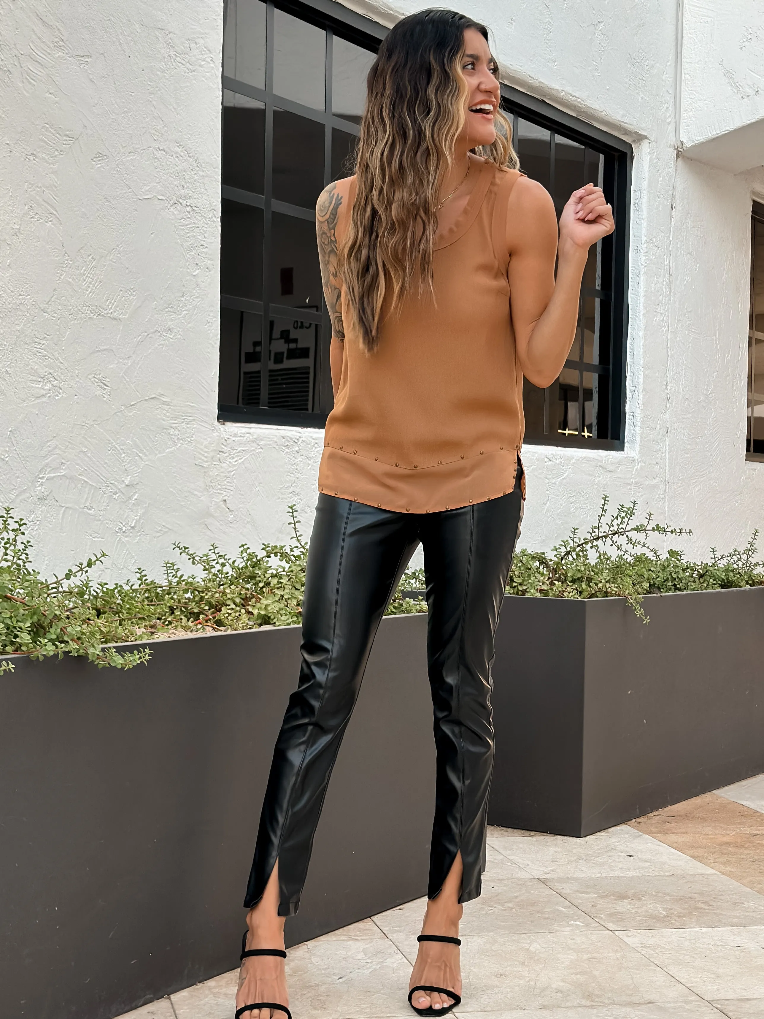 Skinny Leather Slit Front Pants