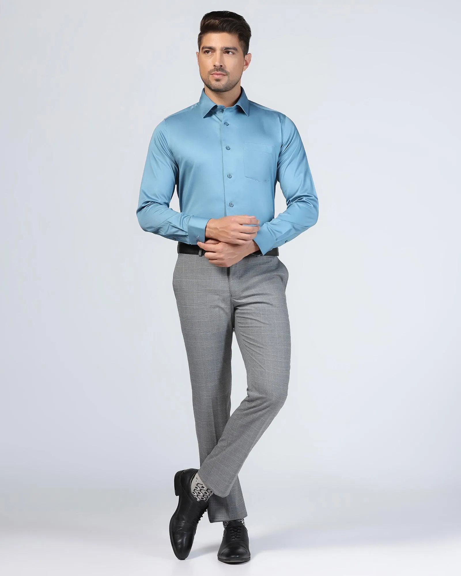 Slim Fit B-91 Formal Grey Check Trouser - Cobalt